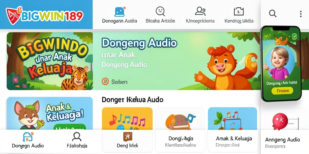 Interface aplikasi BIGWIN189 menampilkan berbagai pilihan dongeng audio menarik.