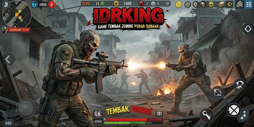 Tampilan antarmuka permainan IDRKING dengan aksi tembak zombie yang seru.